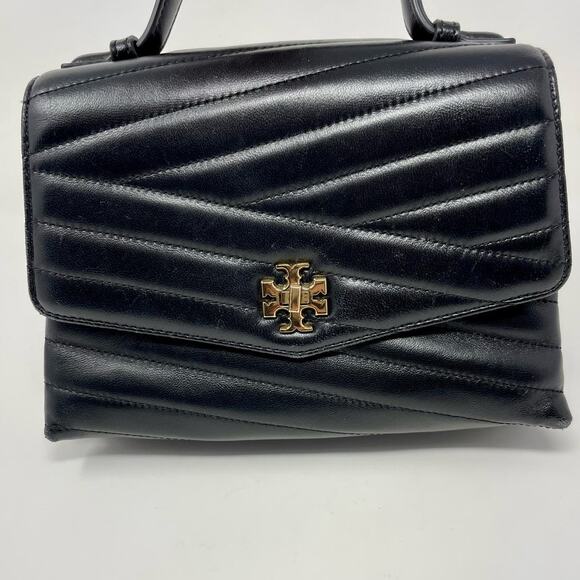 Tory Burch Kira Chevron Leather Top Handle Satchel 2 Way Shoulder Bag Black Gold - Picture 11 of 15